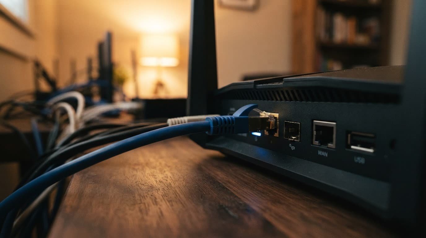 A network cable connected to a router beside loose fiber cables on a desk.