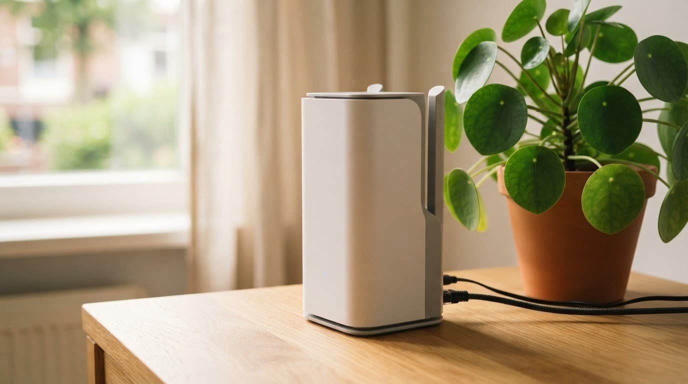 A modern Wi-Fi router sits beside a houseplant on a wooden desk.