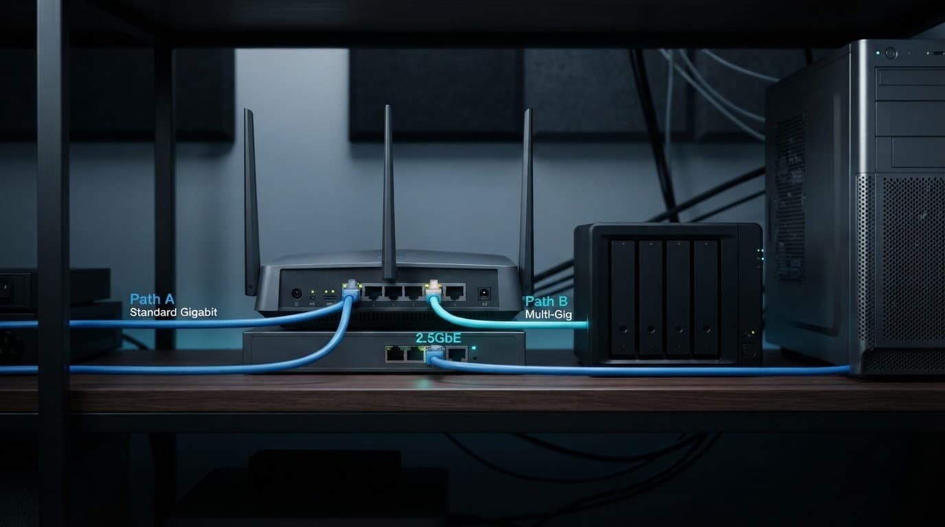 2.5GbE vs Gigabit Ethernet on Netgear Routers Router with separate Ethernet cables connected to a desktop and NAS.