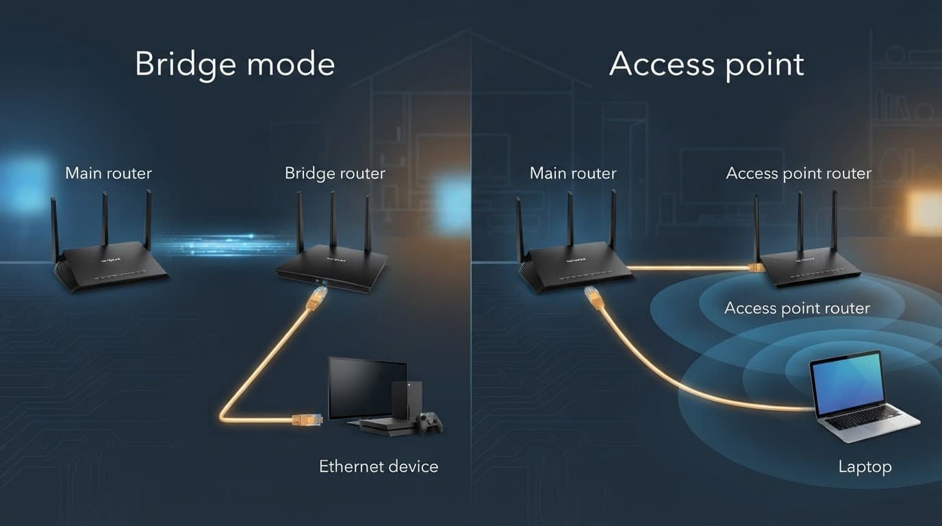 Diagram comparing two router configurations with routers, an Ethernet device, and a laptop.