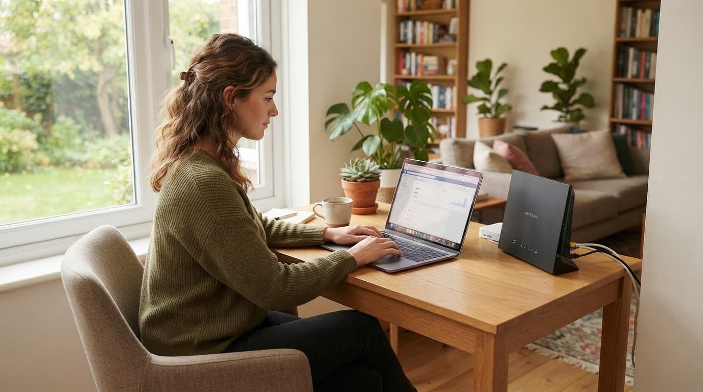 One person works beside a laptop and networking device in a bright living room.