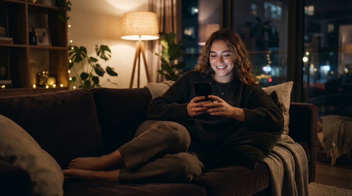 Person relaxing on a sofa while holding a smartphone in warm light.