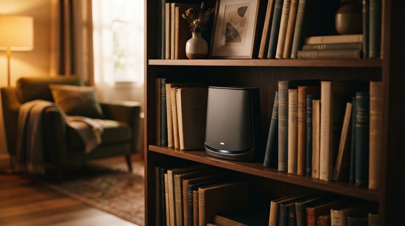 Best Router for Cox Internet by Speed Tier A home router sits on a bookshelf in a warmly lit living room.