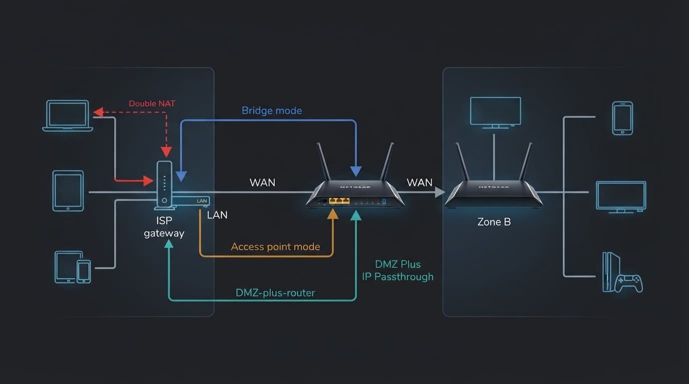 Netgear Double NAT Fixes for an ISP Gateway Diagram showing a provider gateway, Netgear router, client devices, and three ways to avoid routing conflicts.