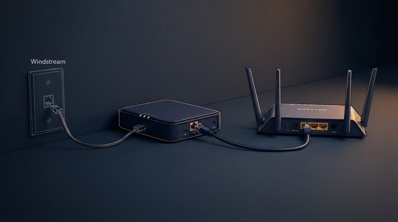 DSL wall jack connects to a modem and router with two cables.