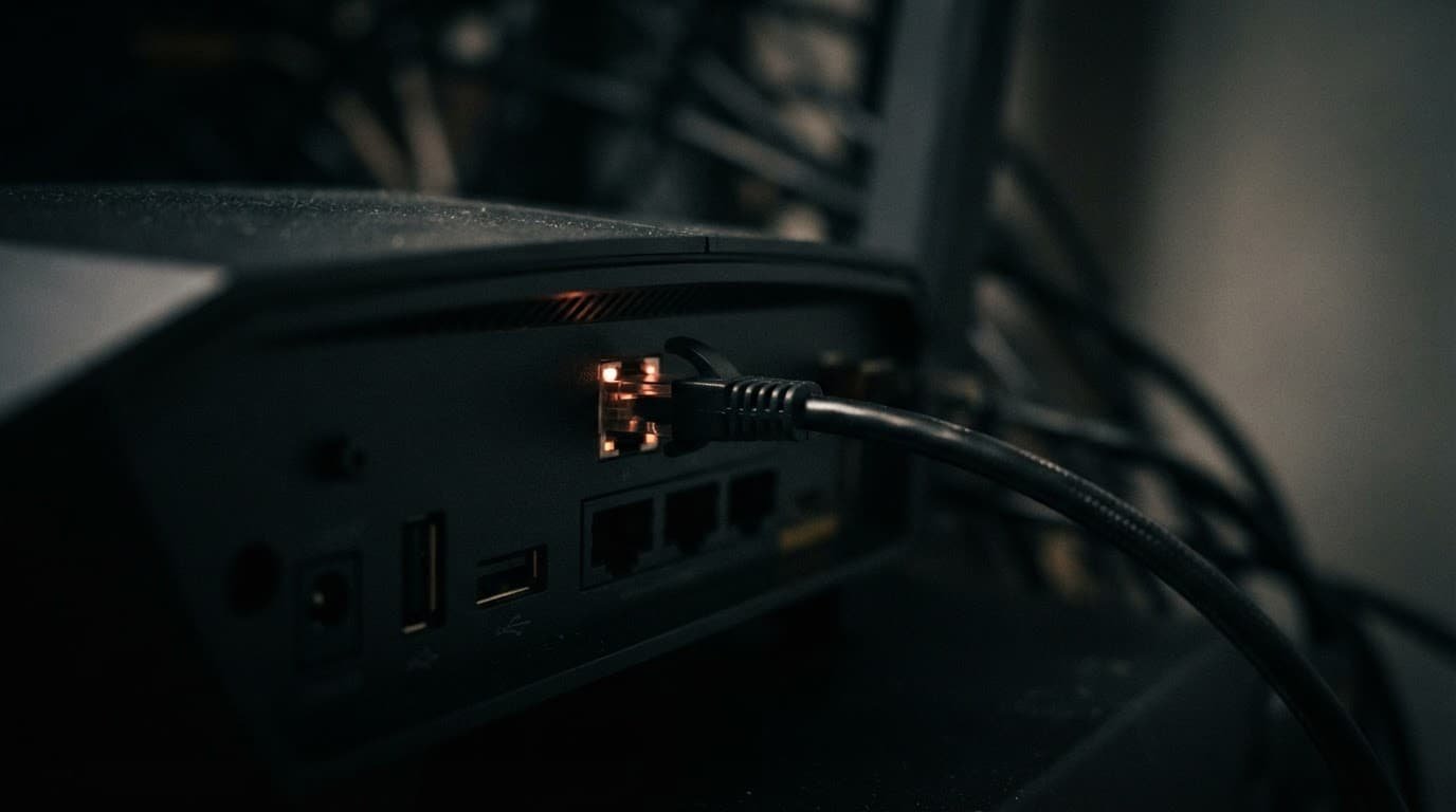 One Ethernet cable plugged into the back of a modern router.