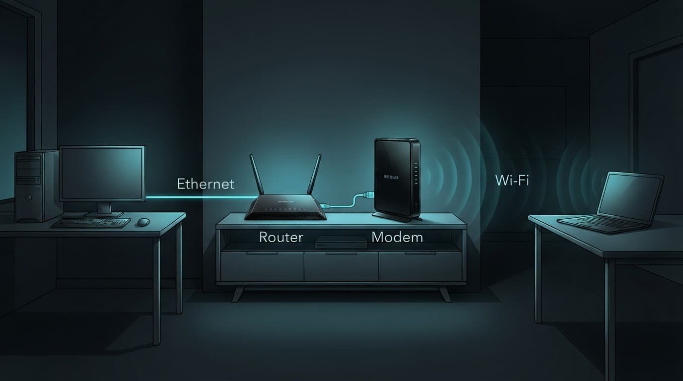 Netgear Router Speed Test Guide for Wired and Wi-Fi Results A modem and router connect to a desktop by cable and a laptop by Wi-Fi.