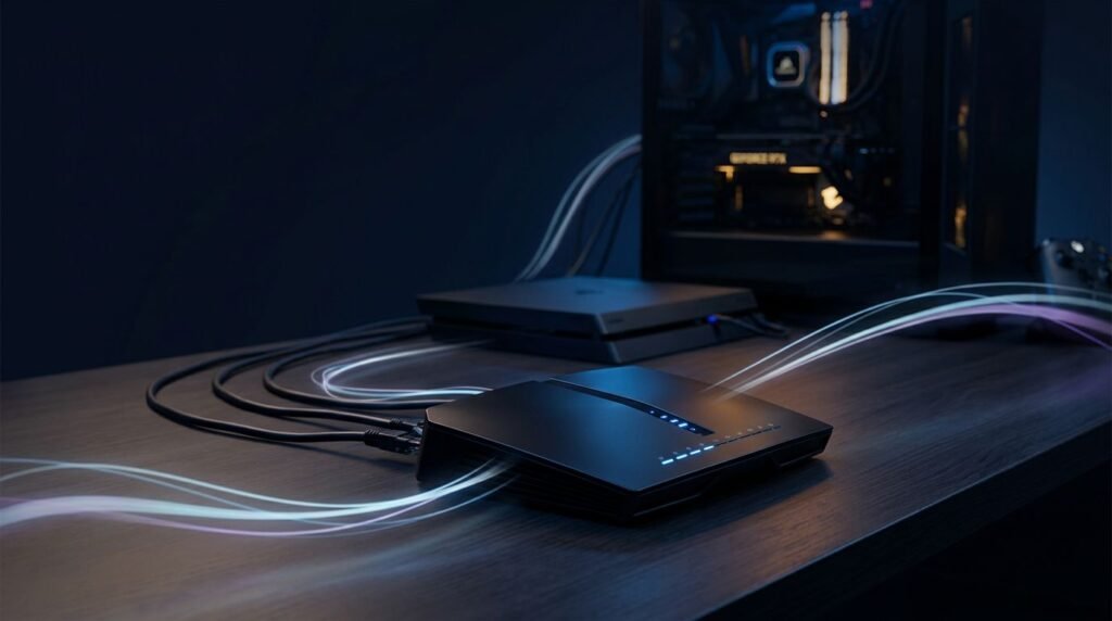 Black gaming router with blue lights connected to a PC and console.