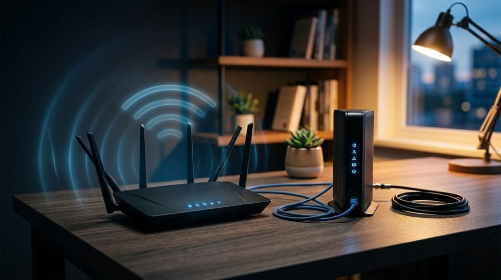 Black Wi-Fi router and cable modem connected on a desk in a home office.