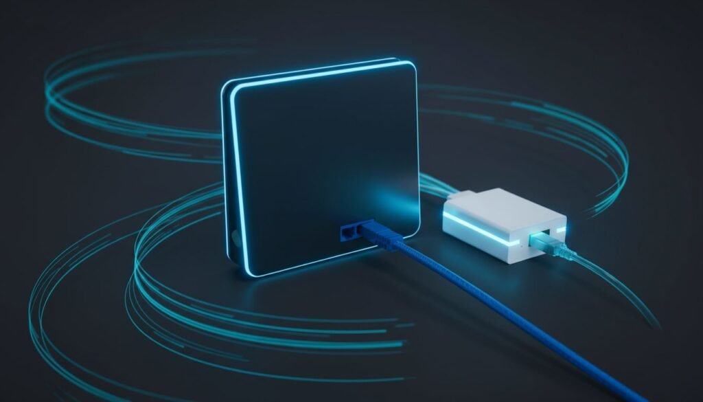 A wireless router connected to a glowing fiber ONT with blue light trails.
