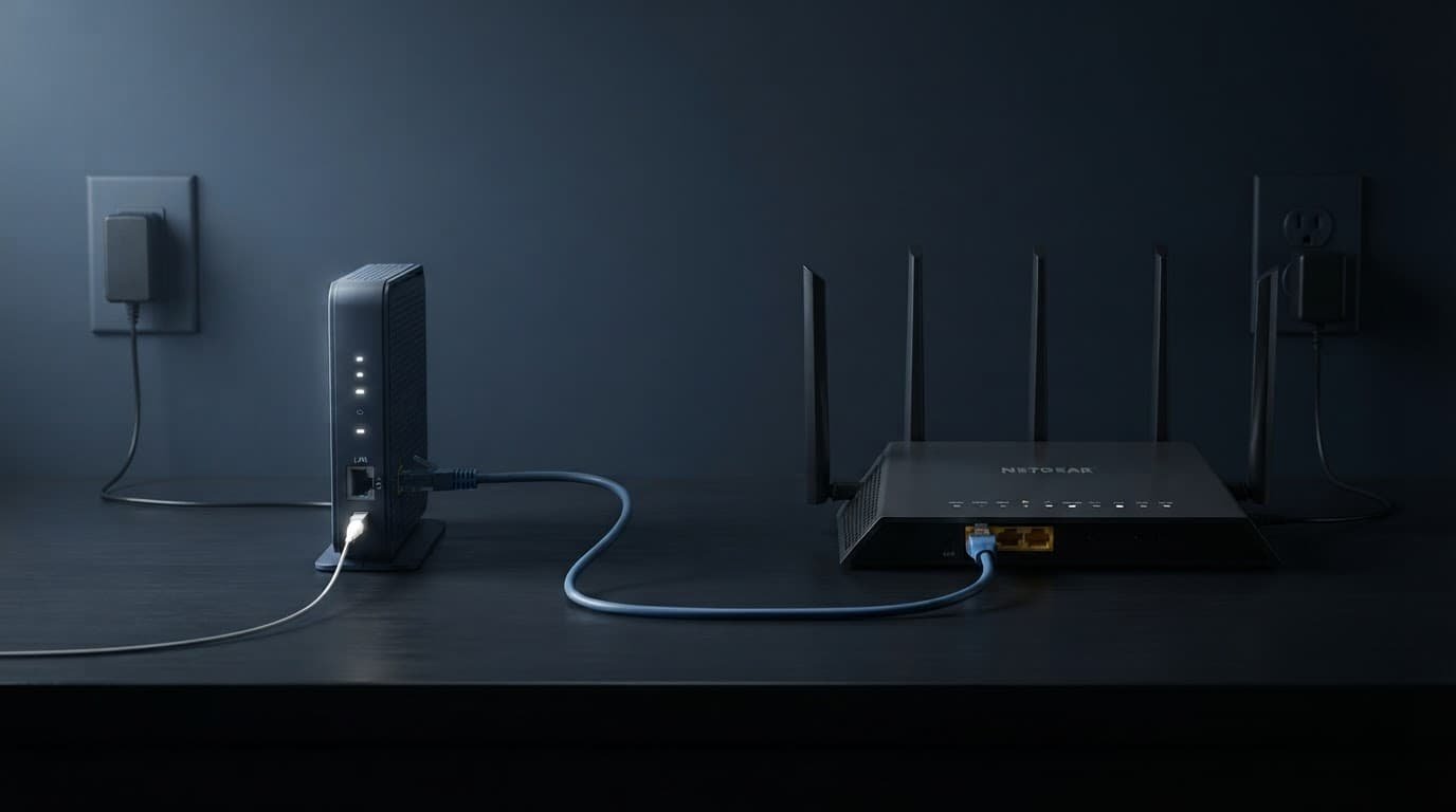 A fiber ONT connects to a home router, with separate power supplies.
