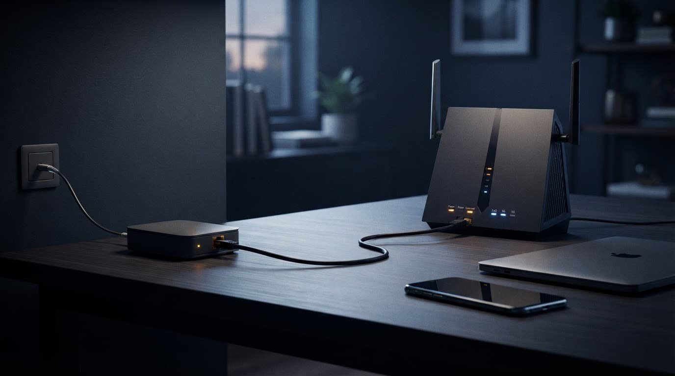 Fiber ONT connected to a router beside a laptop and phone.