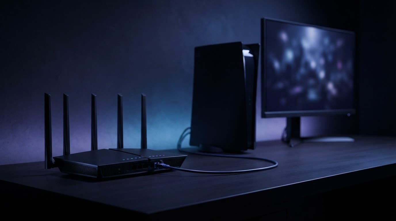 Best Netgear Gaming Router Without Wi-Fi 7 Black router beside a console, with one monitor and a visible Ethernet cable.