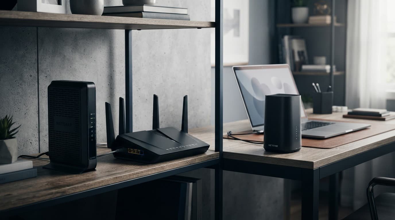 A modem, router, mesh satellite, and laptop arranged in a home office.