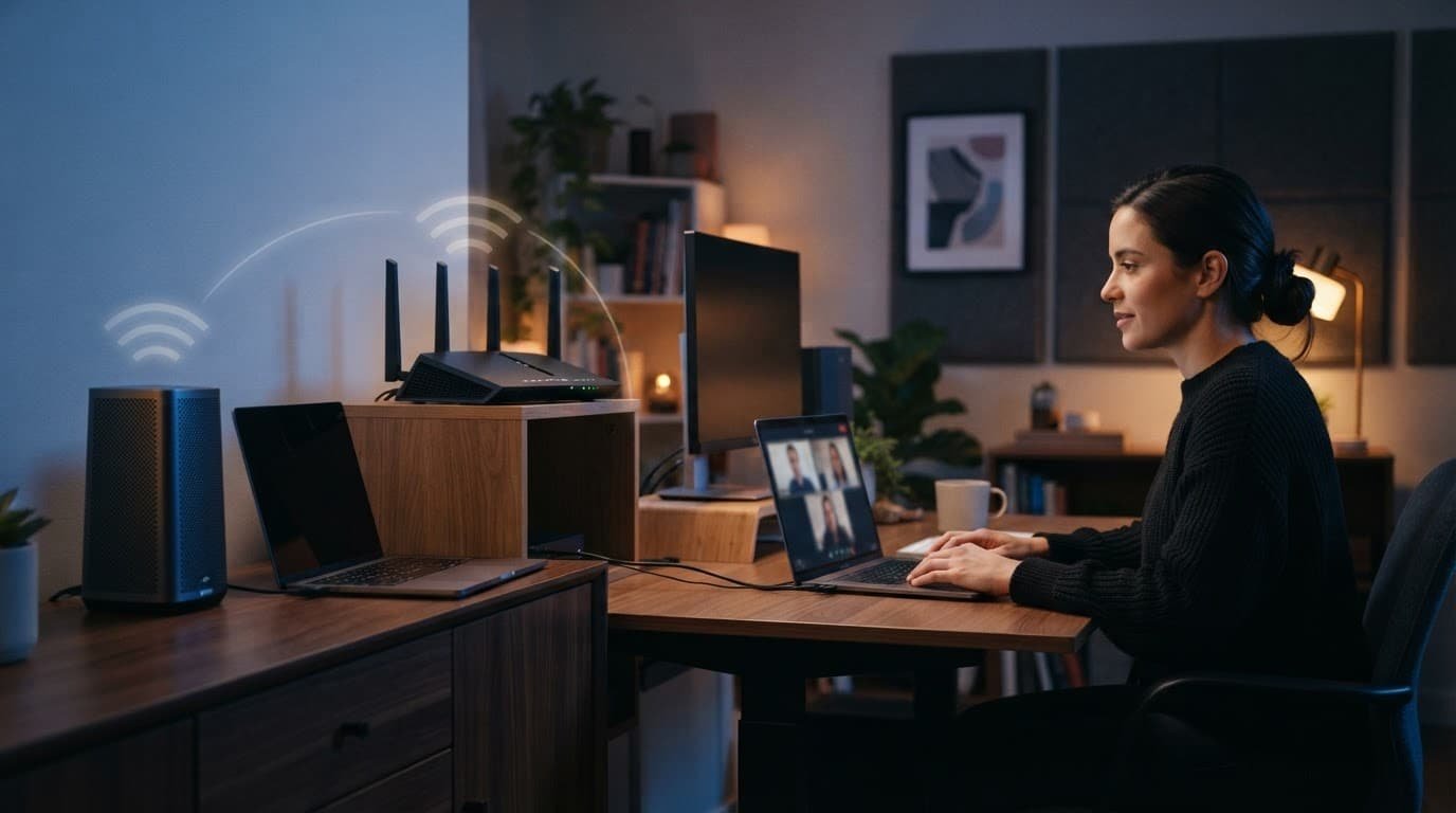 Worker at a desk during a video call, with a router and mesh satellite visible nearby.