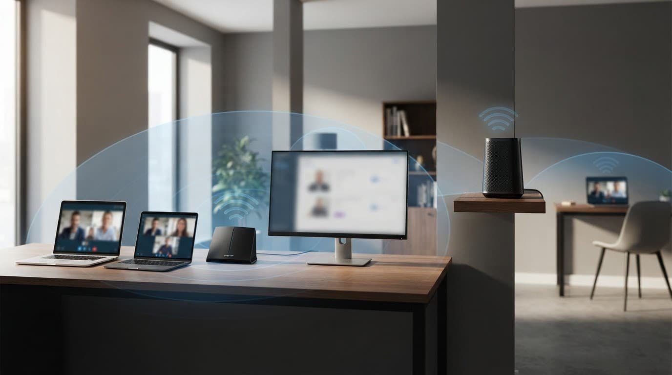 Two laptops and a monitor sit beside a router with blue WiFi coverage.