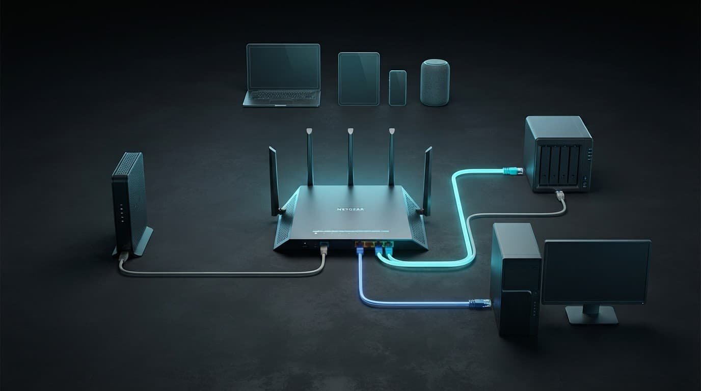 2.5GbE vs Gigabit Ethernet on Netgear Routers A central router connects a modem, desktop, NAS, and wireless devices.