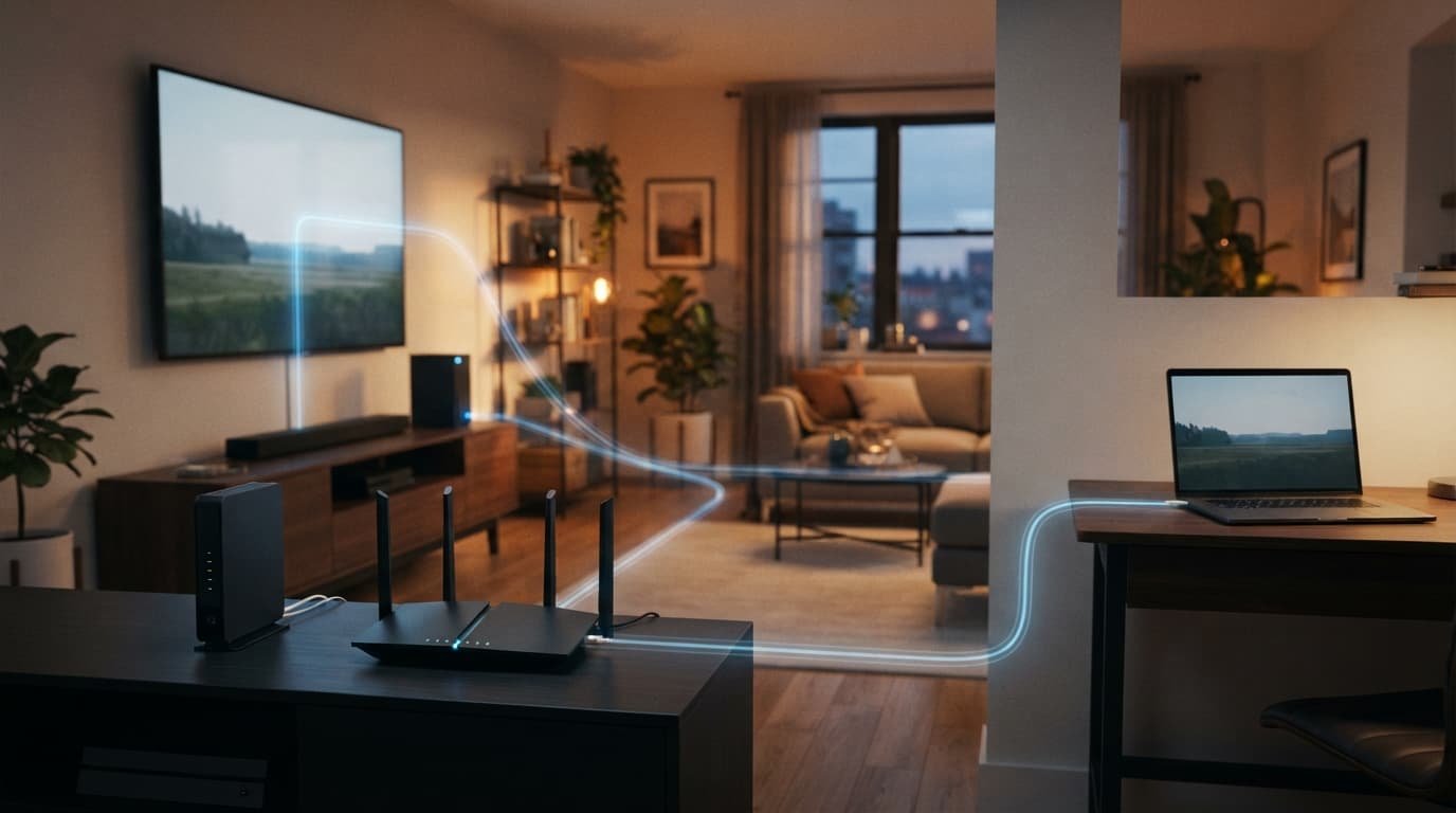 Best Netgear Router for Breezeline Gigabit Internet A modem and router connect wirelessly to a television, laptop, and game console.