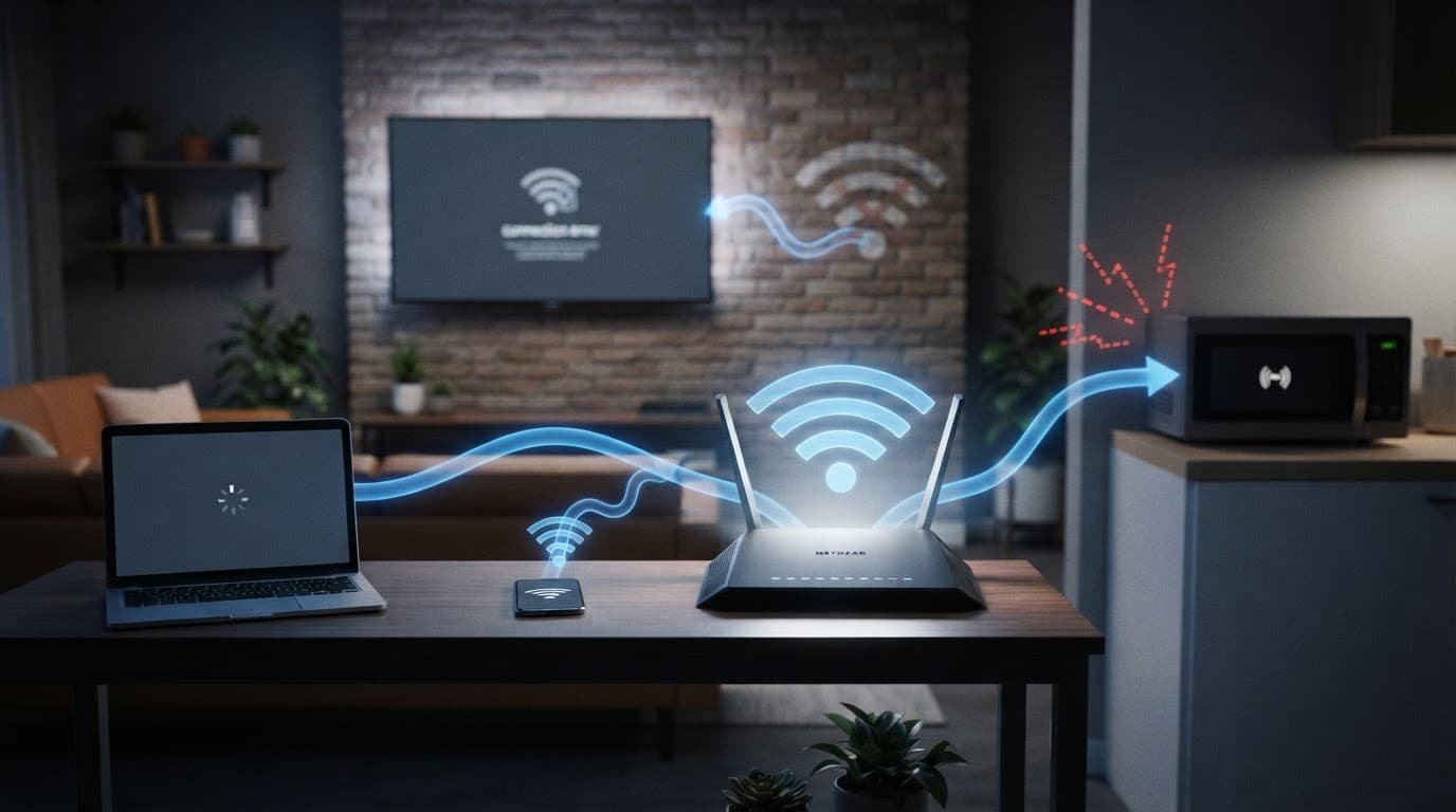 A router connects household devices while a microwave and wall disrupt the signal.