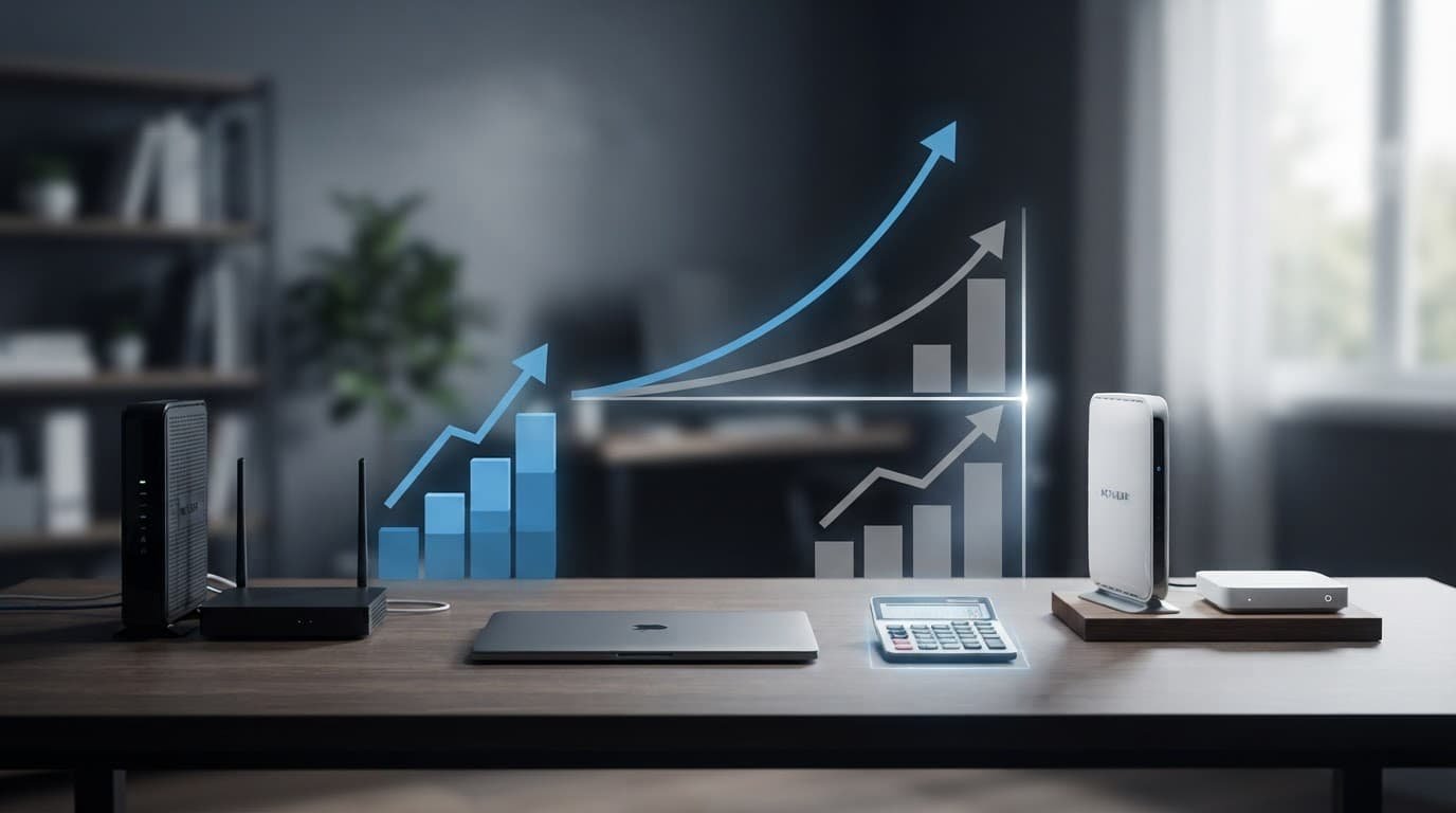 Home office desk with a modem, router, laptop, calculator, and rental-versus-ownership timeline.