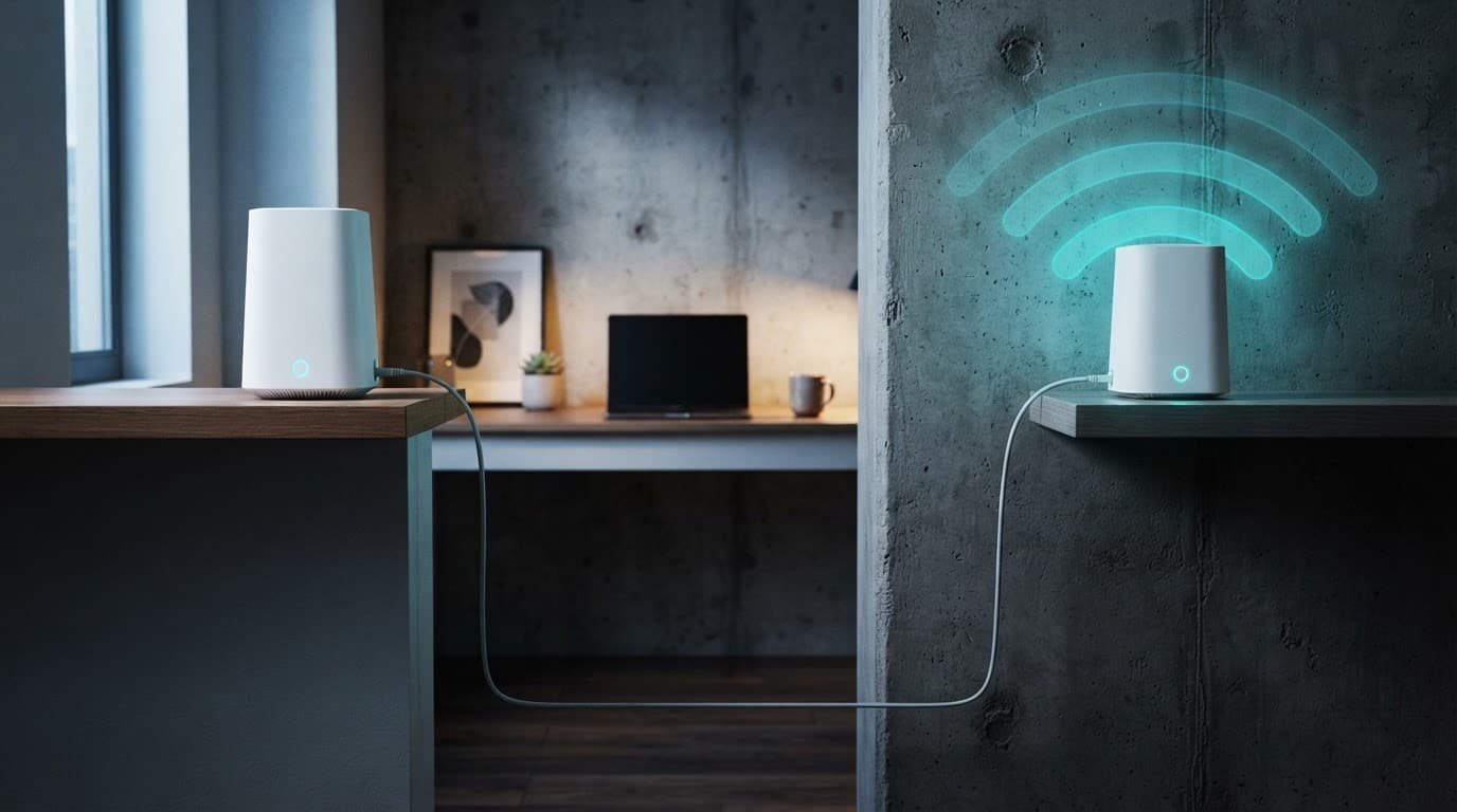 Choosing a Netgear Mesh System for Thick Walls Two white mesh devices on shelves are connected by a network cable.
