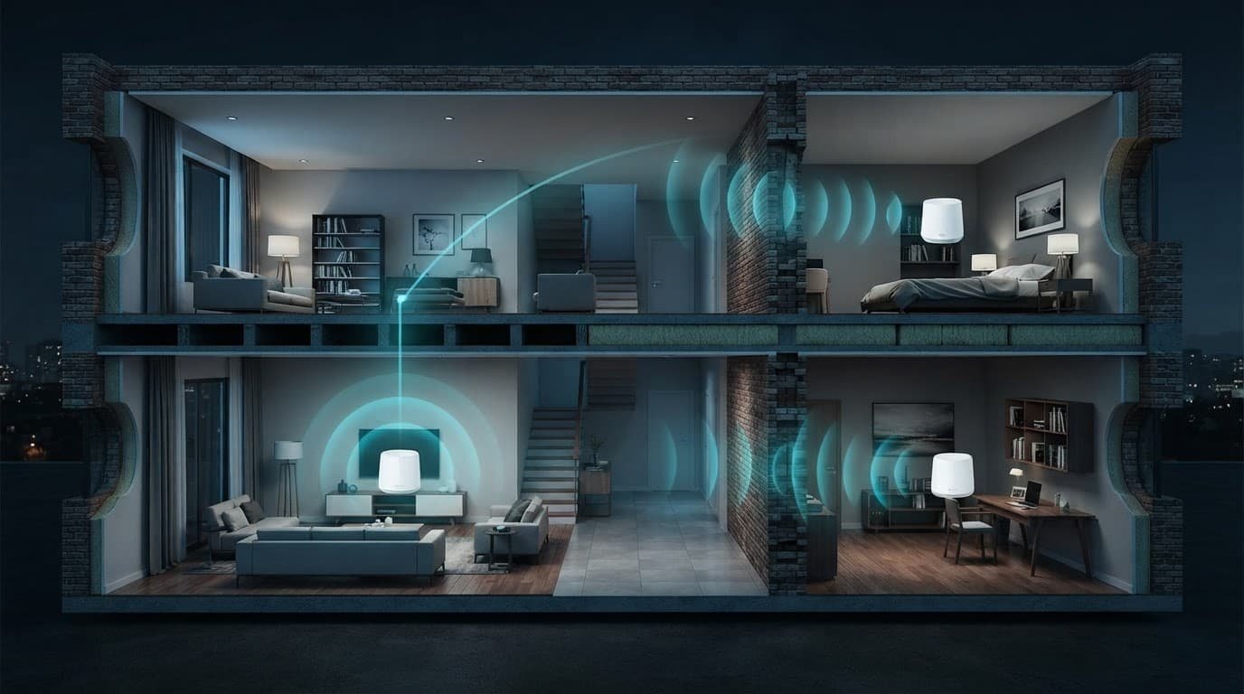 Choosing a Netgear Mesh System for Thick Walls Three white mesh Wi-Fi nodes connect rooms inside a two-story home with thick walls.