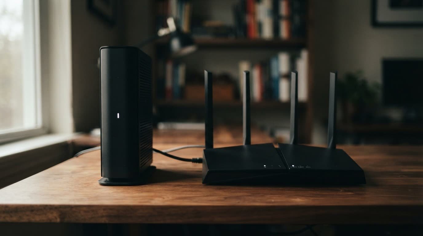 Best Router for Cox Internet by Speed Tier A modem and wireless router rest on a clean wooden desk.