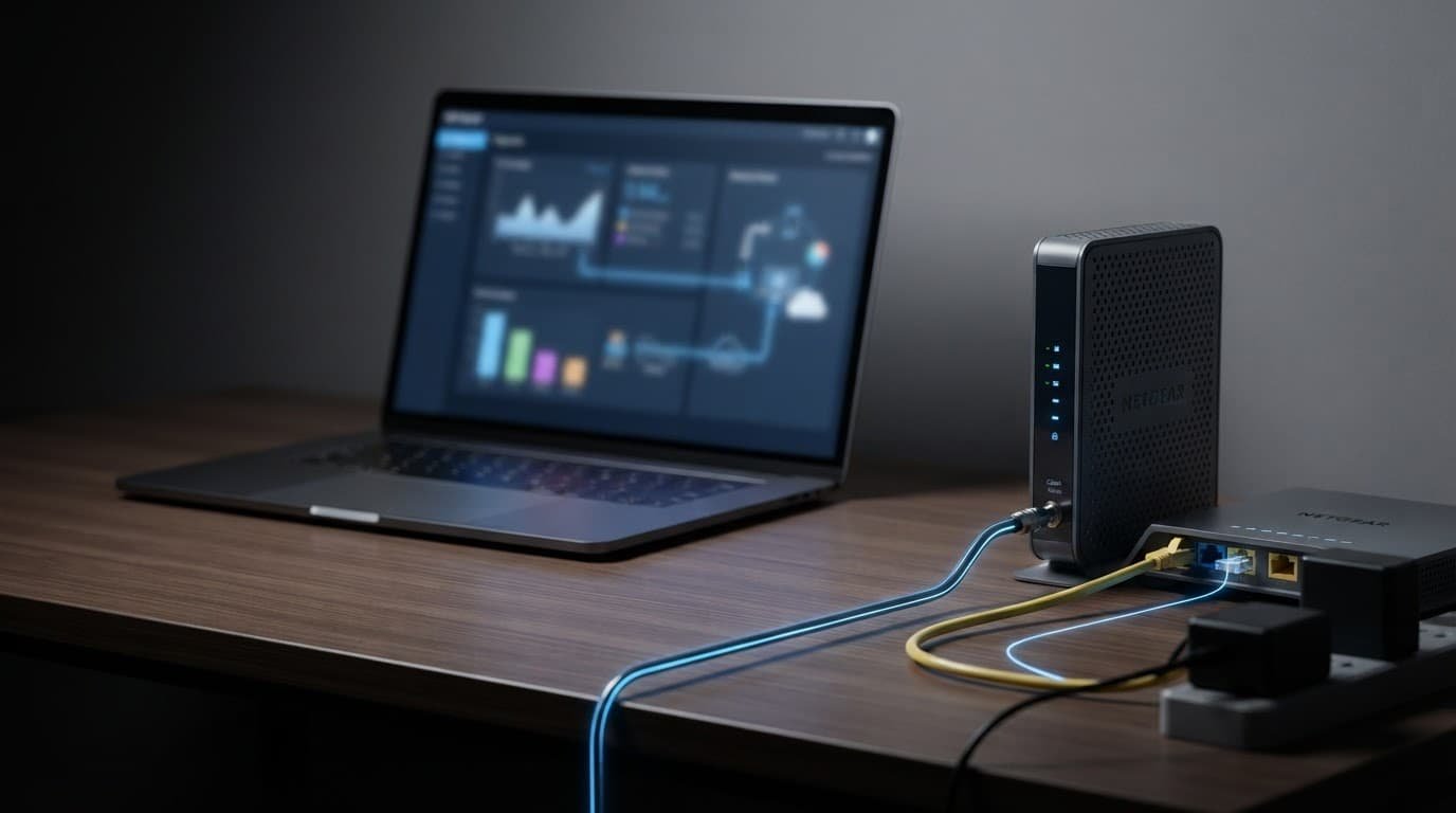 A modem and WiFi router with cables on a desk beside a laptop.