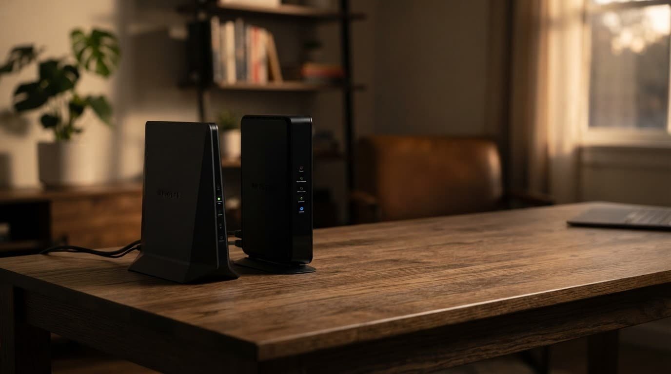 A black modem and router sit on a wooden desk.