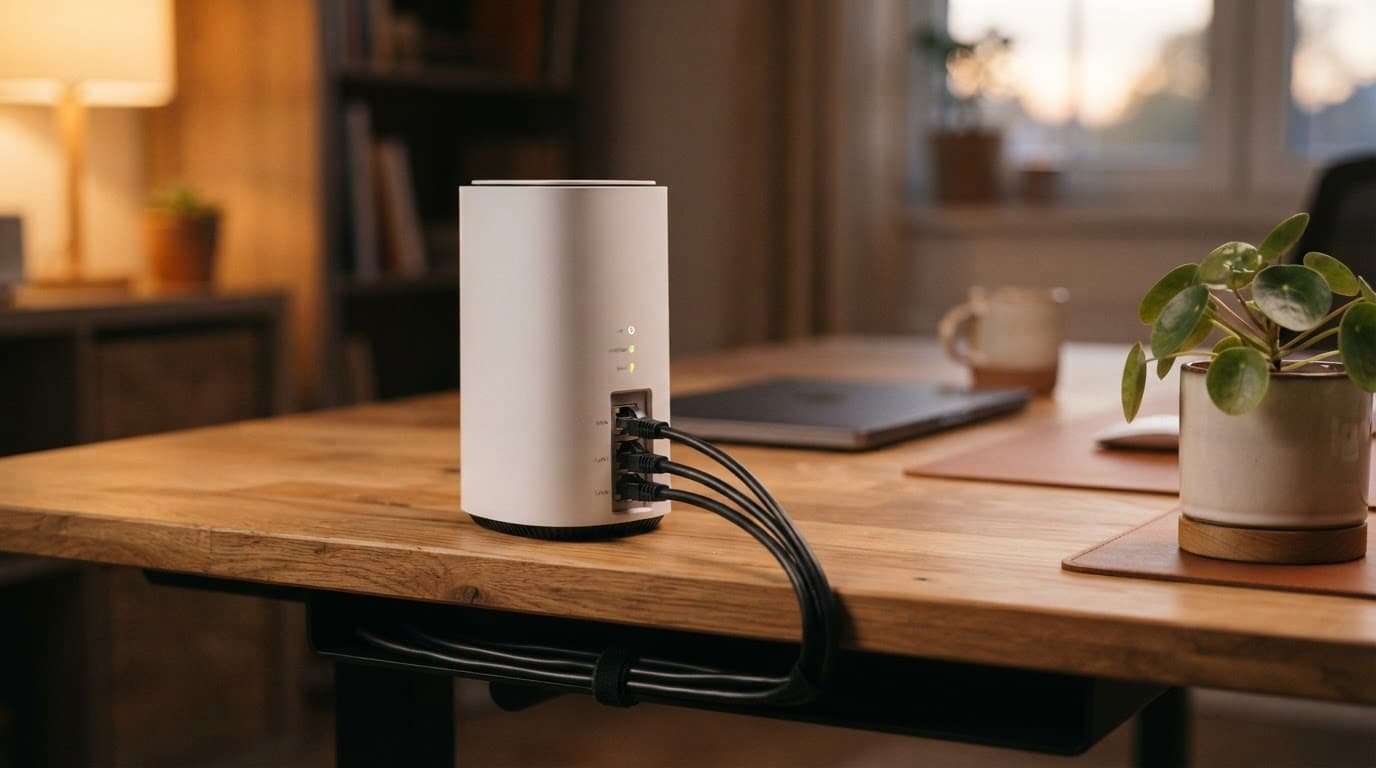 A sleek router with Ethernet cables on a warmly lit home office desk.