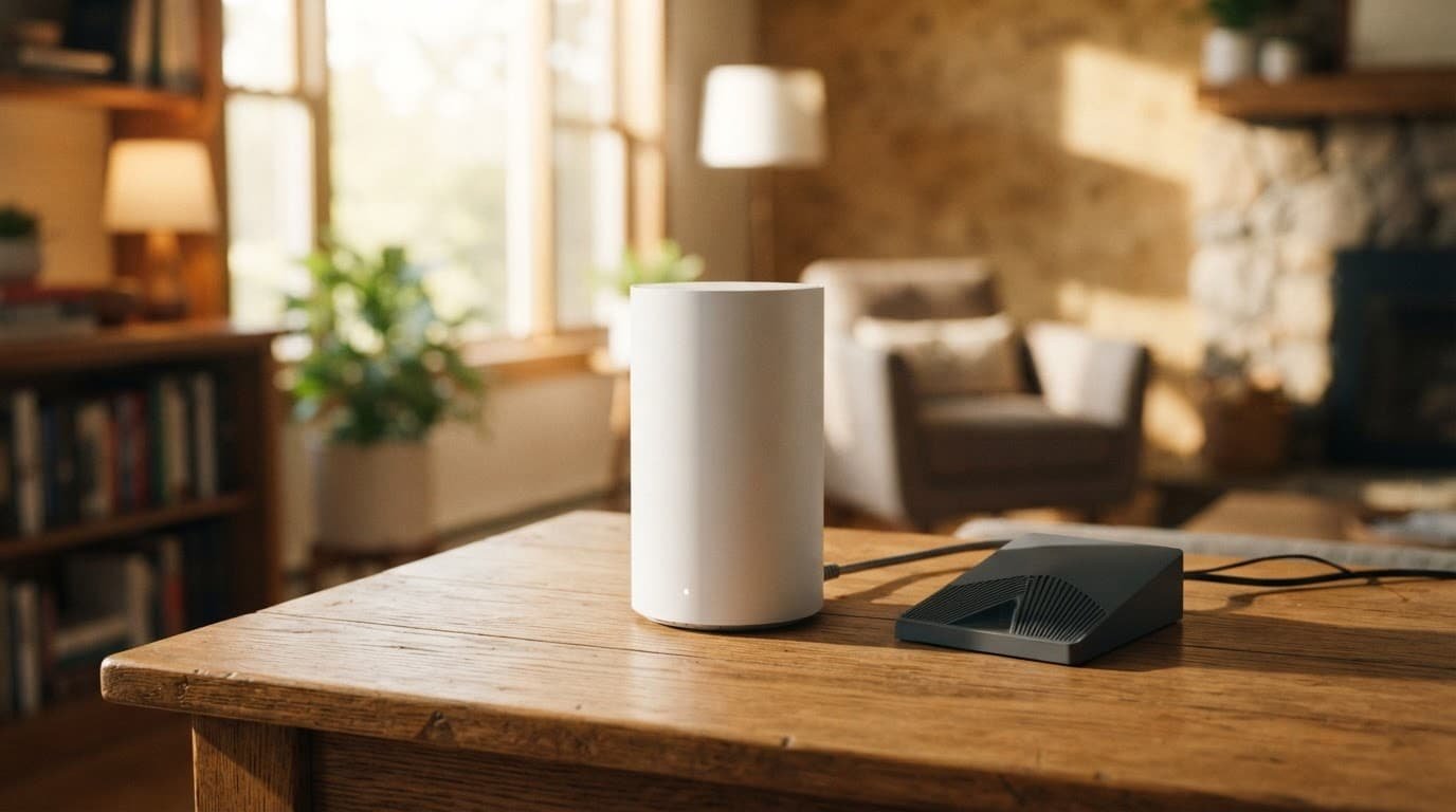 A sleek mesh WiFi router sits on a wooden desk in a bright living room.
