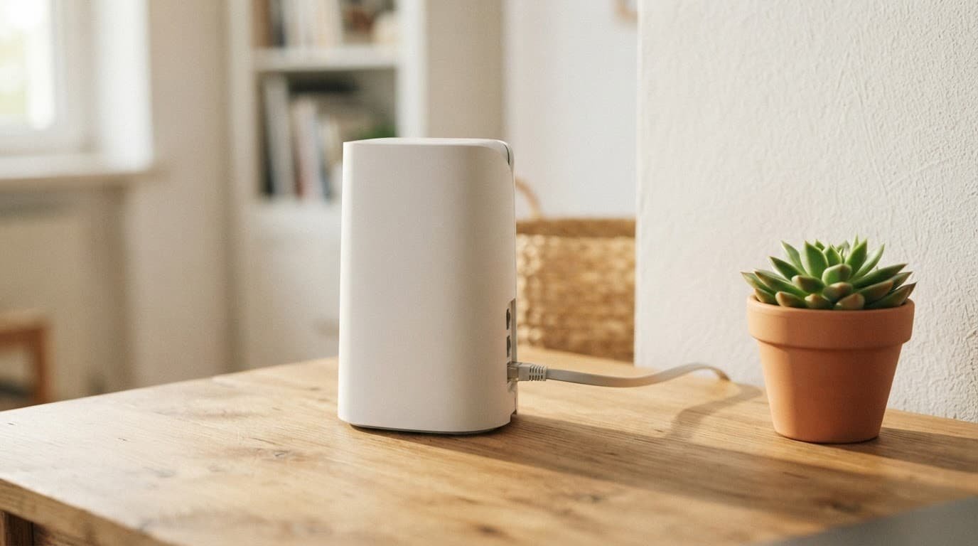 Which Netgear Router Fits Your Verizon Fios Plan? Modern router on a wooden desk beside a green plant with an ethernet cable.
