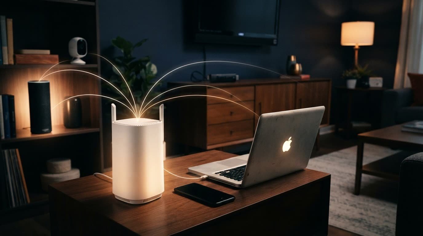Netgear Wi-Fi 7 vs Wi-Fi 6E for Older Devices White router on a table with five older devices in a dim living room.