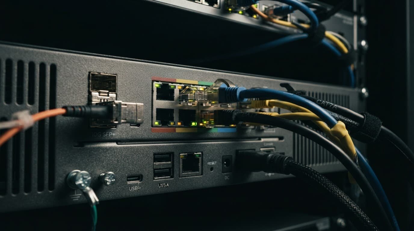 Close-up of a router back panel with multiple Ethernet ports.