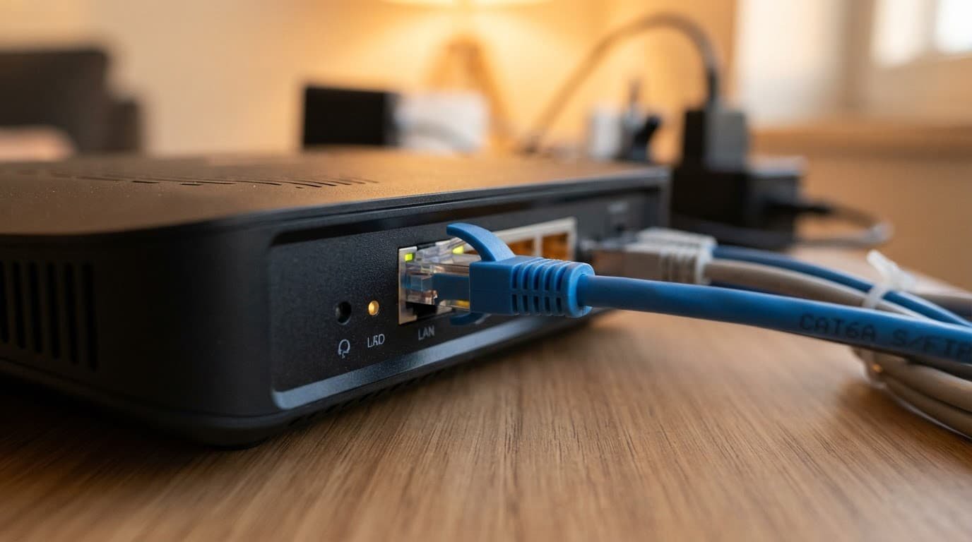 Close-up of an Ethernet cable plugged into a network device.