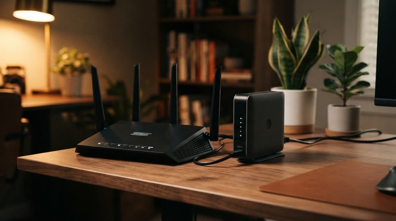 Best Netgear Router for AT&T Fiber Plans and Wi-Fi Black Netgear router beside an AT&T fiber gateway on a wooden desk.