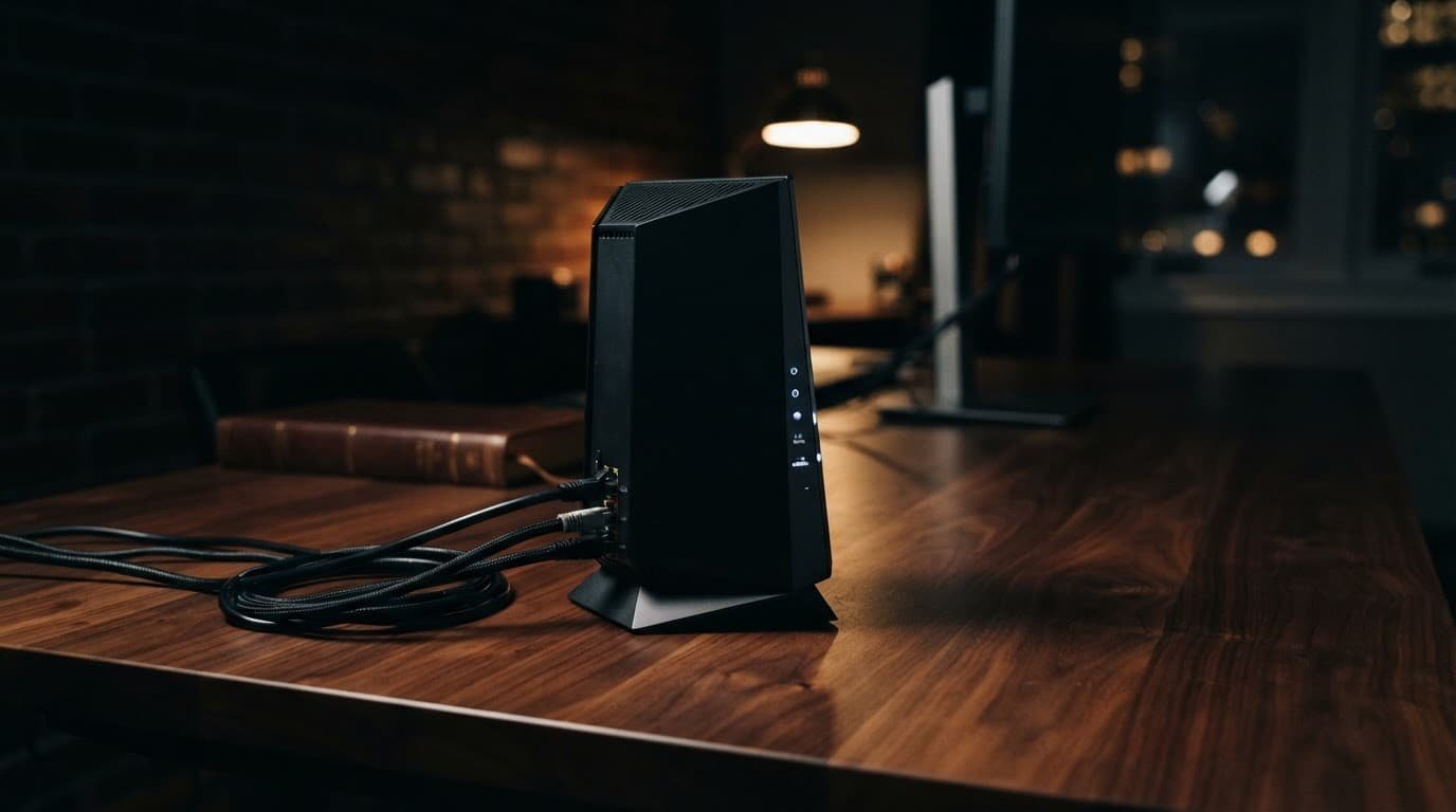 A Netgear router and Ethernet cables on a wooden desk.