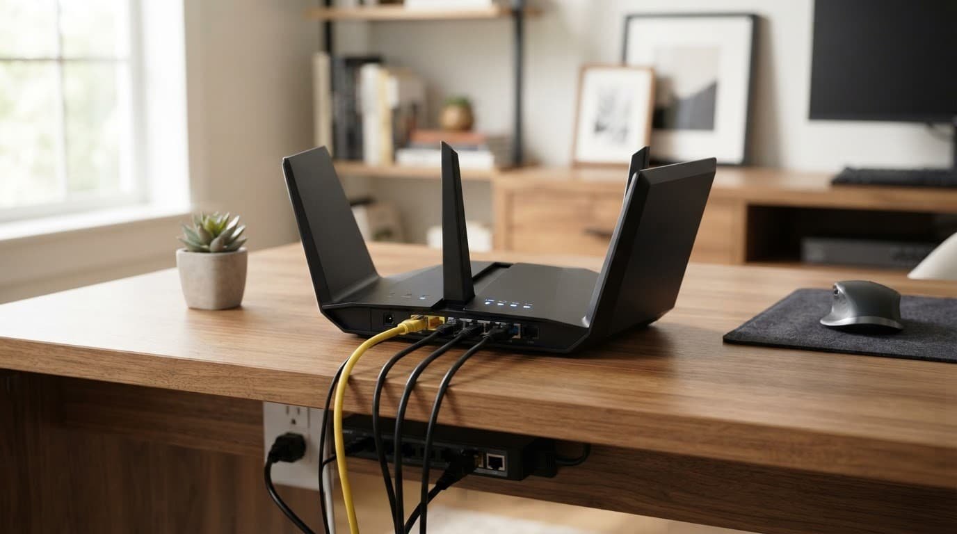 Netgear router with Ethernet cables on a wooden desk in a modern home.