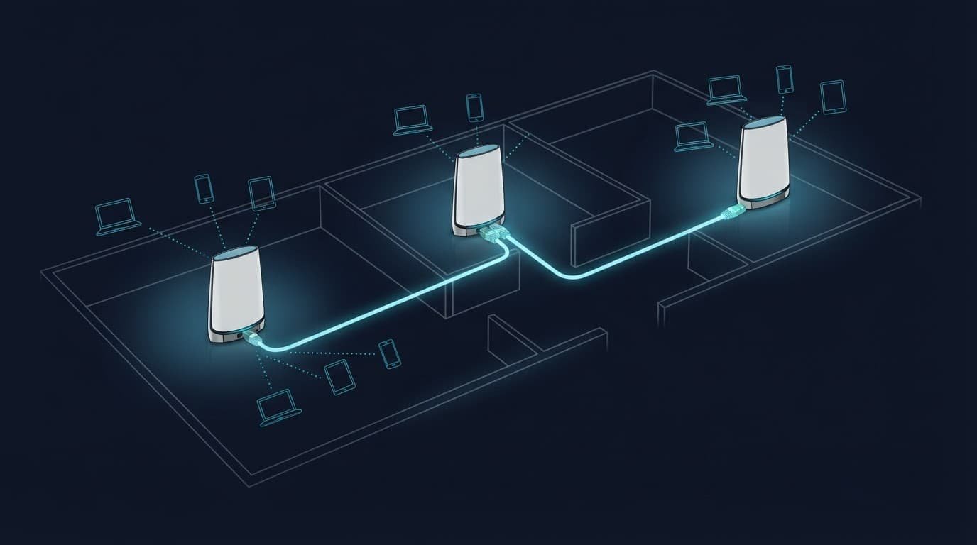 A router and two satellites linked by Ethernet cables across a home floor plan.