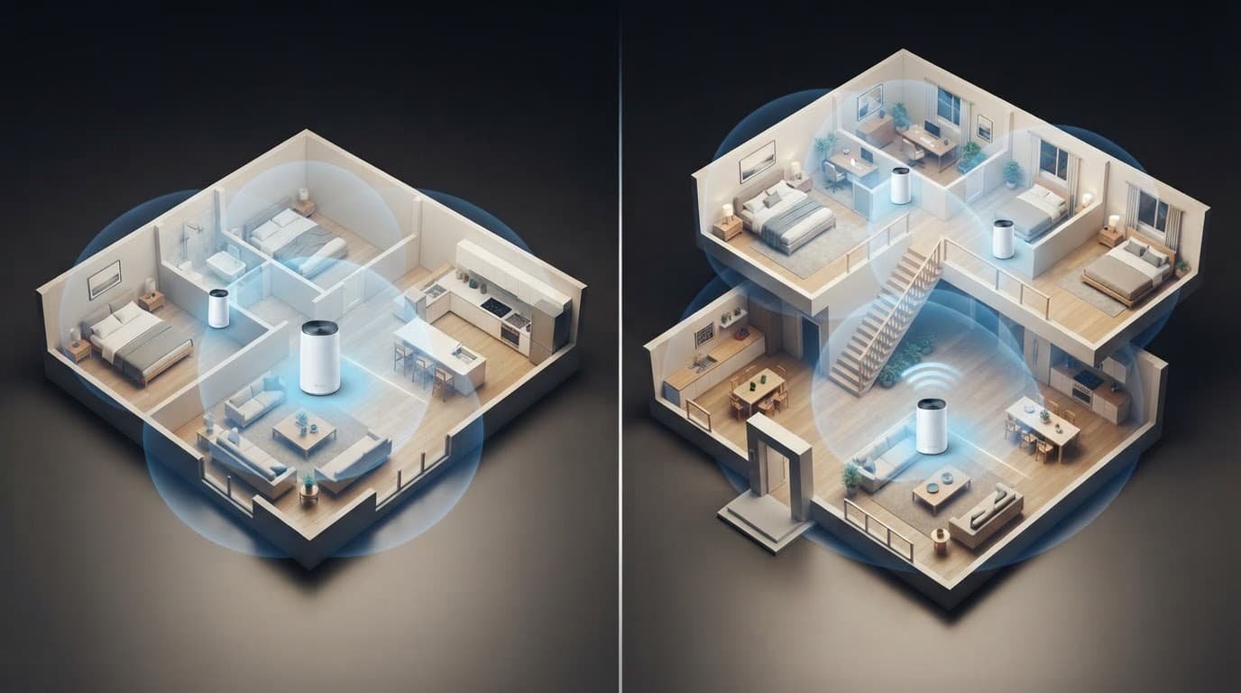 How Many Orbi Satellites Does Your Home Need? A floor plan compares Wi-Fi coverage with one and two satellite units.