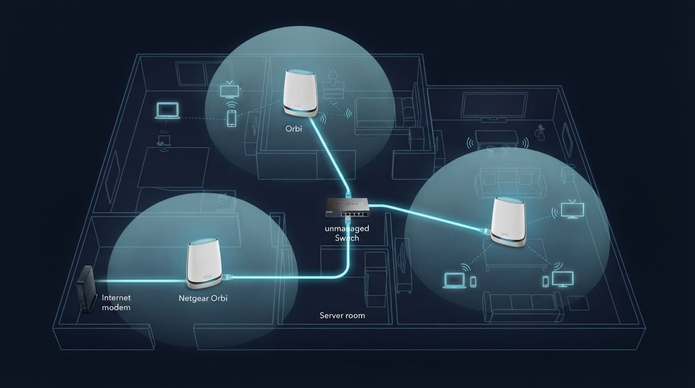Network diagram showing an Orbi router, switch, and two satellites connected by Ethernet cables.