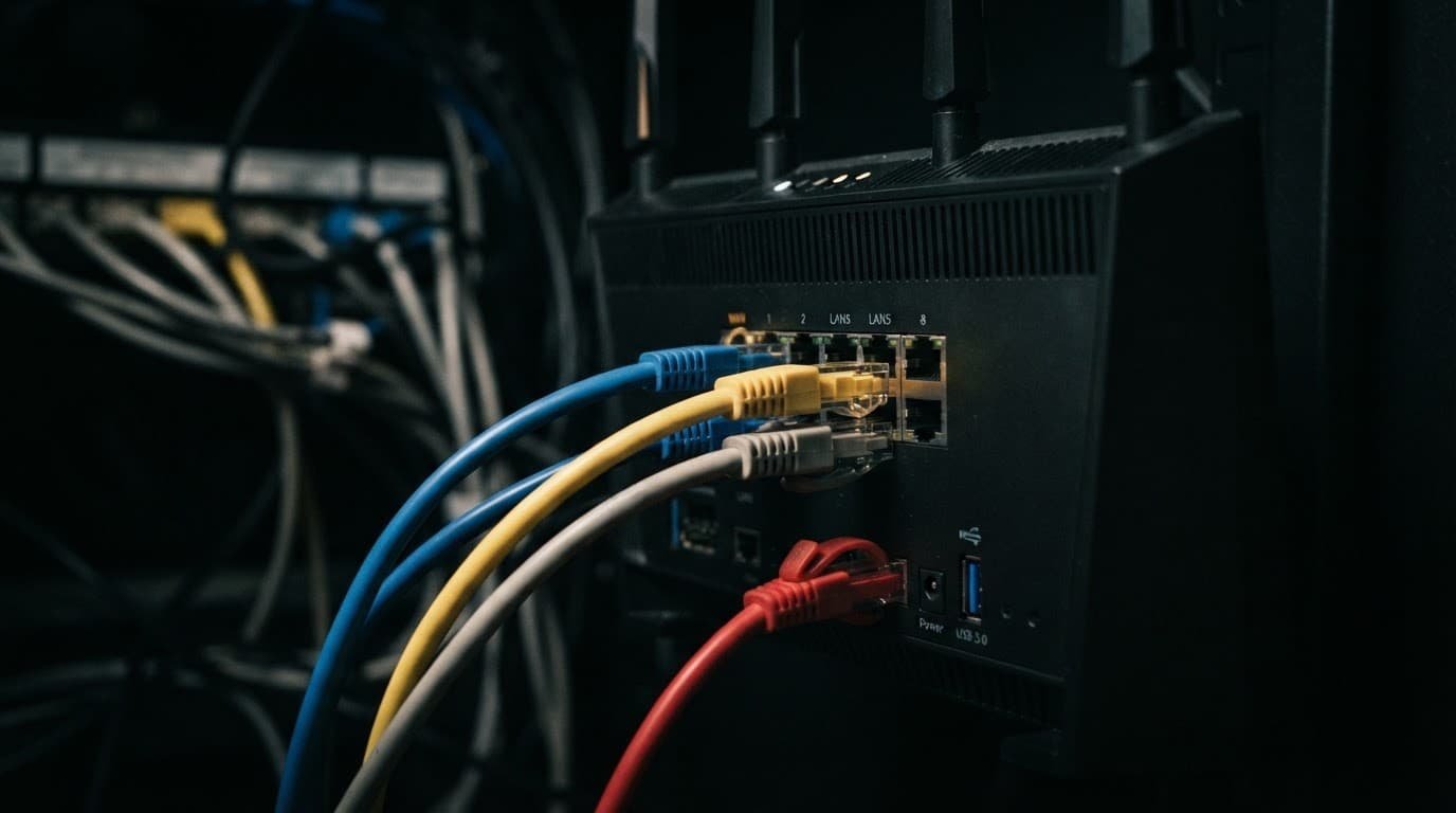 Networking cables plugged into the back of a wireless router.