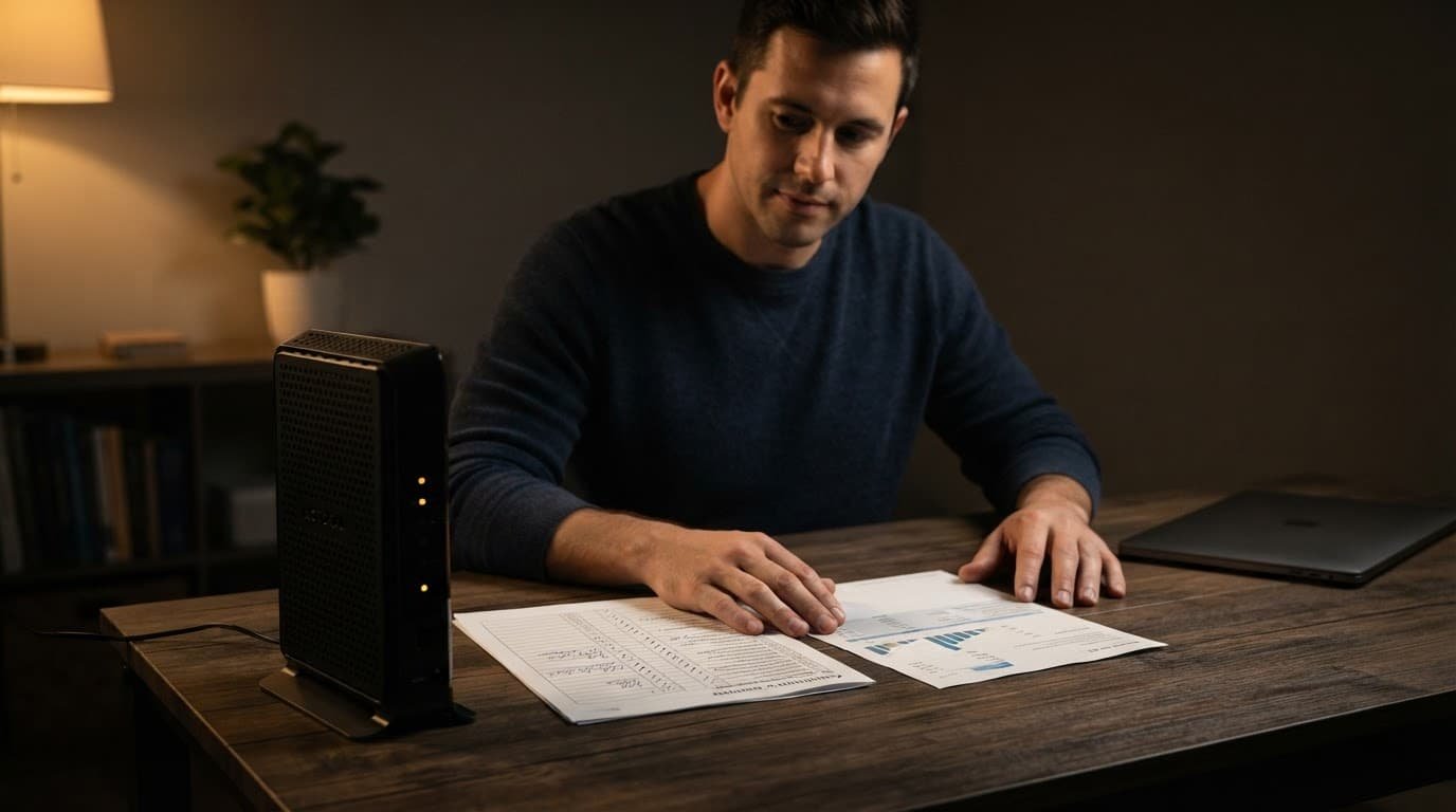 Netgear Router Compatibility Checklist Before You Buy A homeowner checks a modem router beside an internet bill and compatibility checklist.