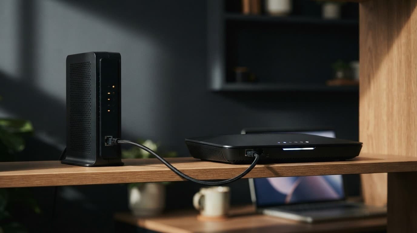 Best Netgear Router for Breezeline Gigabit Internet A modem and Wi-Fi router connected by an Ethernet cable on a home office shelf.