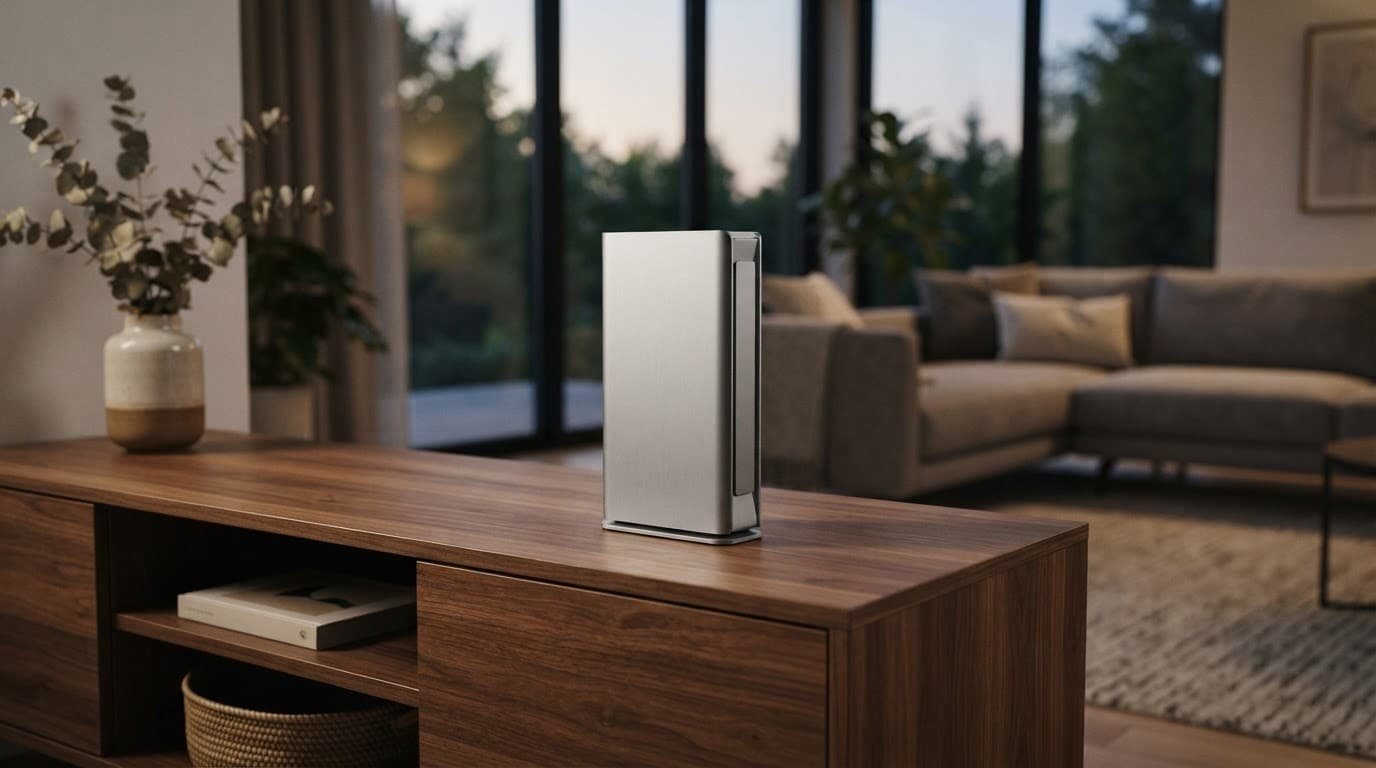A silver upright router on a wooden console in a modern living room.