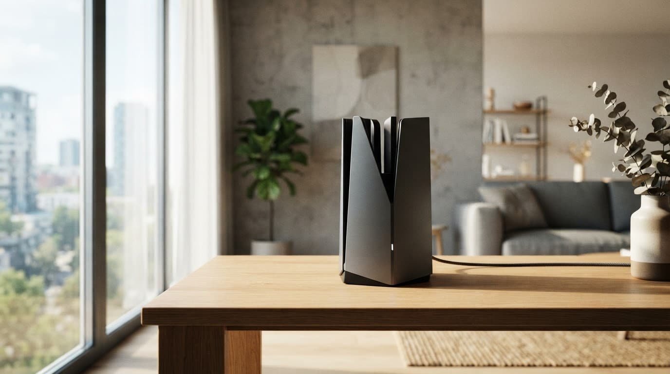 A sleek Wi-Fi 7 router sits alone on a wooden desk in a bright living room.