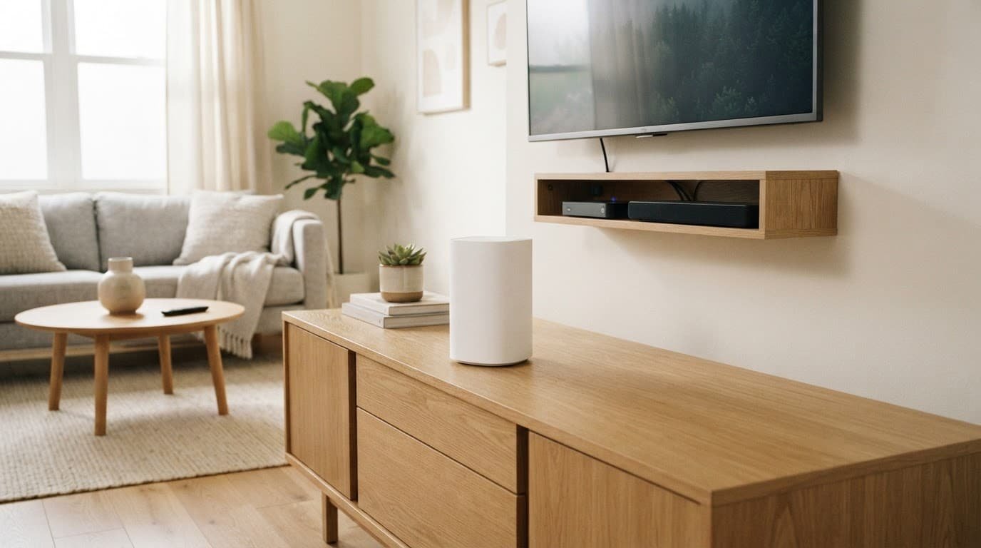 Netgear Orbi vs Nighthawk: Choose Wi-Fi for Your Home A white mesh router sits on a wooden console in a modern living room.