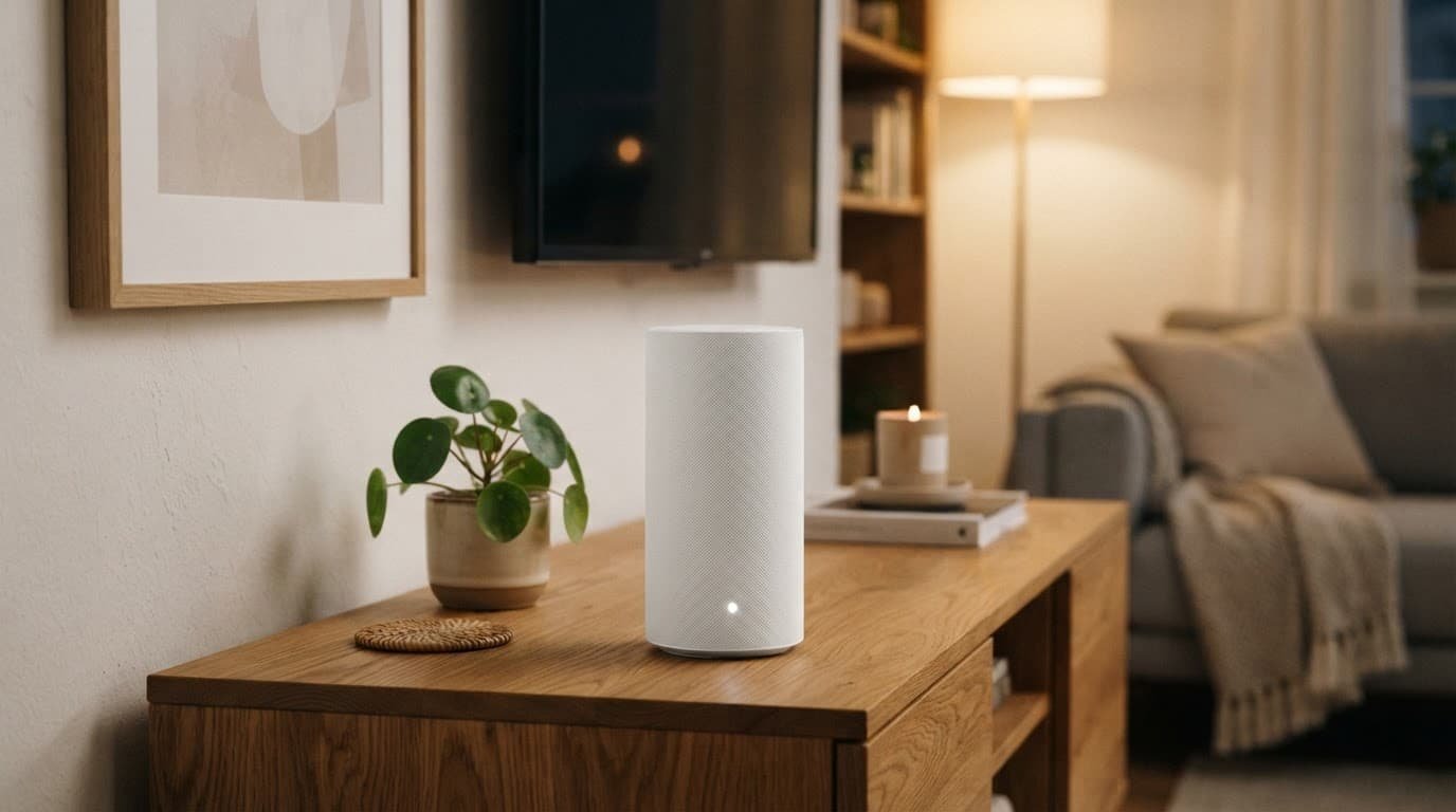 Which Netgear Router Fits Your Verizon Fios Plan? White mesh router on a wooden console in a warmly lit living room.