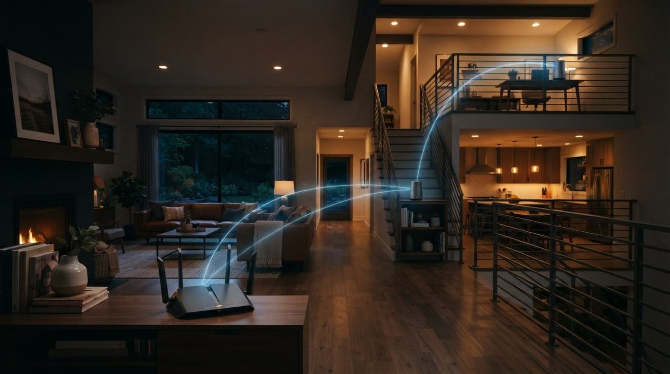 Netgear Router Compatibility Checklist Before You Buy A router and two mesh units connected across a dark open-plan home.