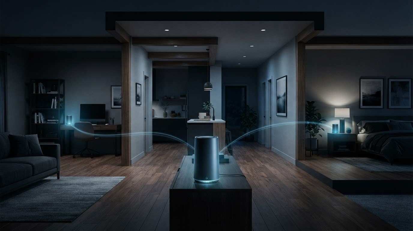 Best Netgear Router for Quantum Fiber Internet A router and two mesh units connect separate rooms in a dark modern home.